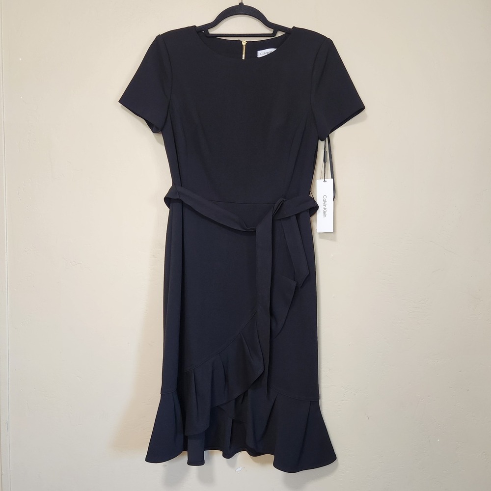 Calvin Klein Black Sleeveless Dress Ruffle Trim Belted Womens Size 6